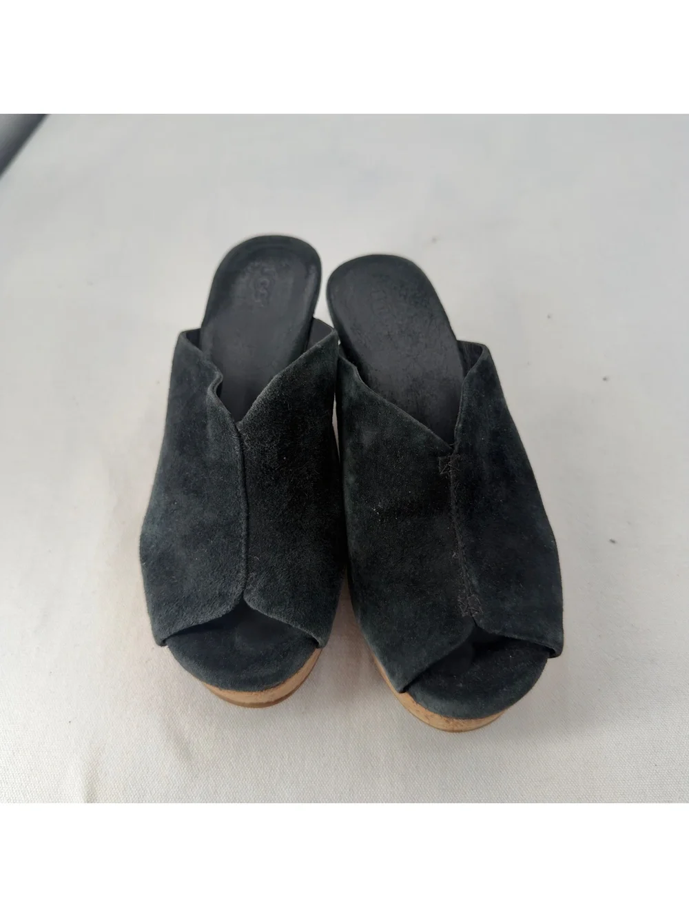 UGG Dominique Leather Slides Sandals 6 Wedge Suede Cork Peep-Toe Platform Black